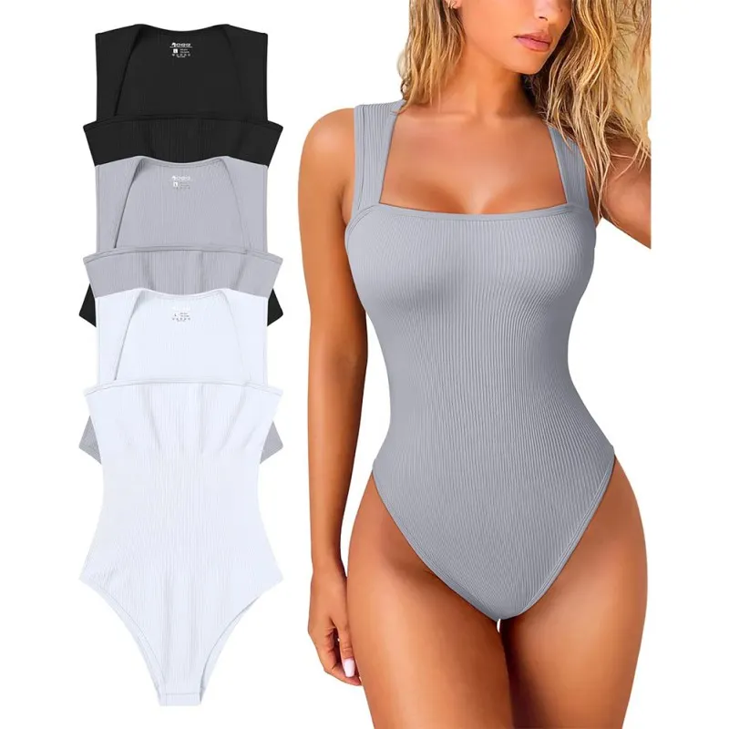 

Women's Ribbed Sleeveless Body Shaping Belly Tightening and Hip Lifting Jumpsuit Tank Top High Elasticity Square Neck