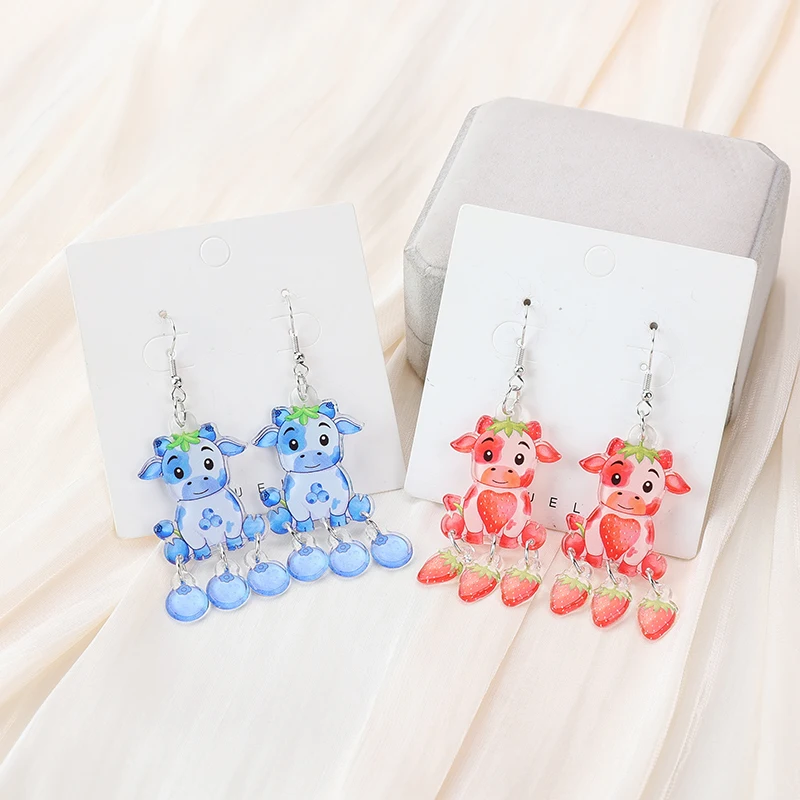 1Pair Cute Blueberry And Strawberry Cattle Drop Earring Creative Acrylic Fashion Jewelry For Woman Girl Holiday Birthday Gift