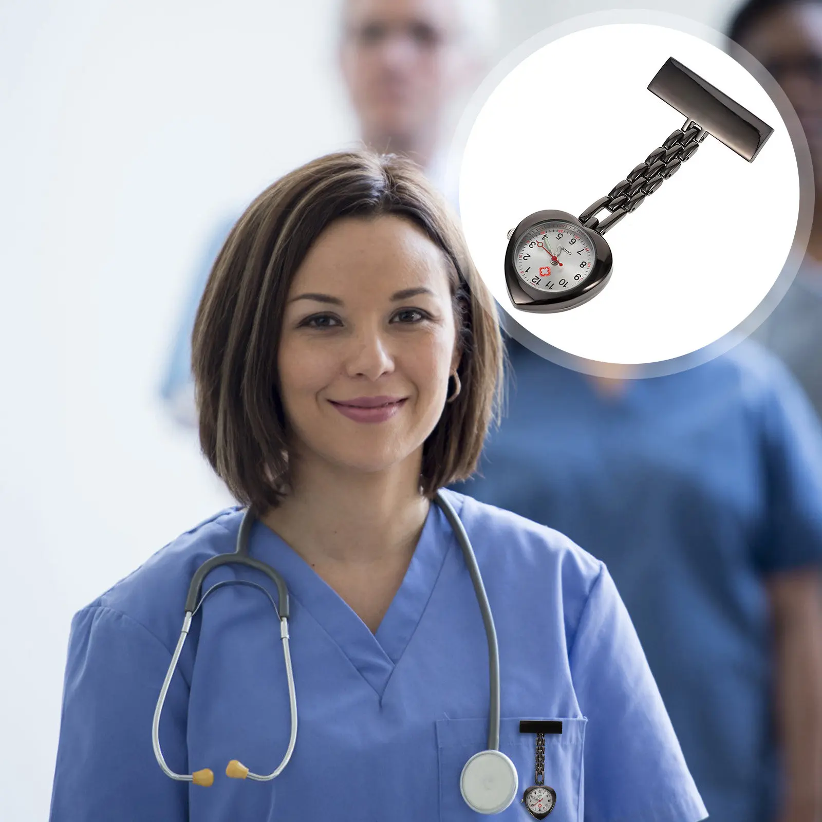 Heart Shape Alloy Nurse Watch with Diamond Accents, Large Readable Dial, Quartz Movement, Clip-on Chest Design