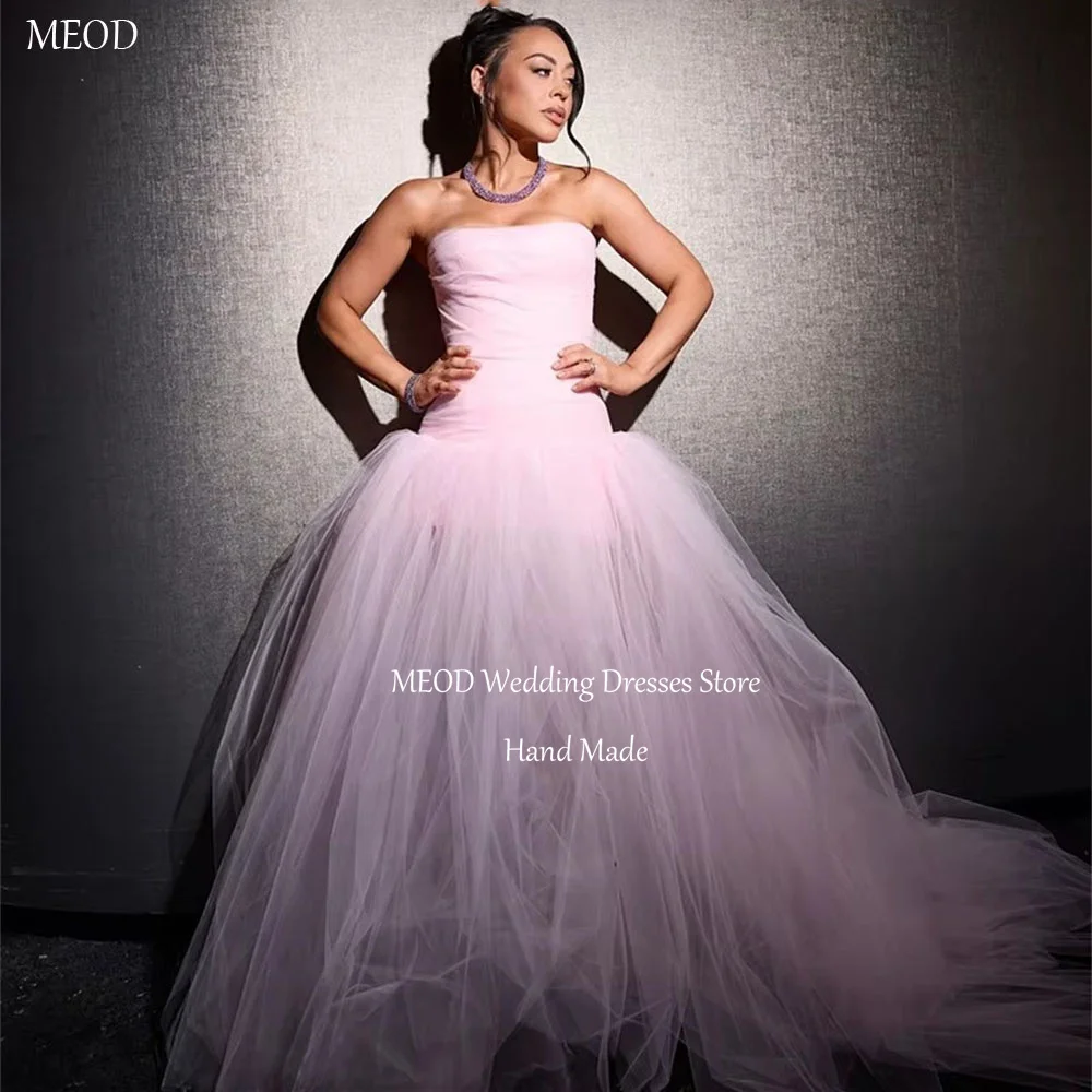 

MEOD Pink Tulle Vintage Evening Gown Strapless Simple Prom Dresses Sleeveless Long Train Backless Robes De Soirée Customized