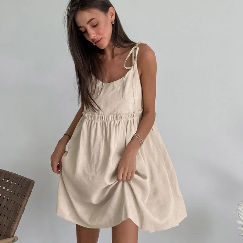 Cotton Linen Suspender Dress Spring and Summer Women\'s Beach Style Fake Casual Loose Soft Ruffled Edge A-line Suspender Dress