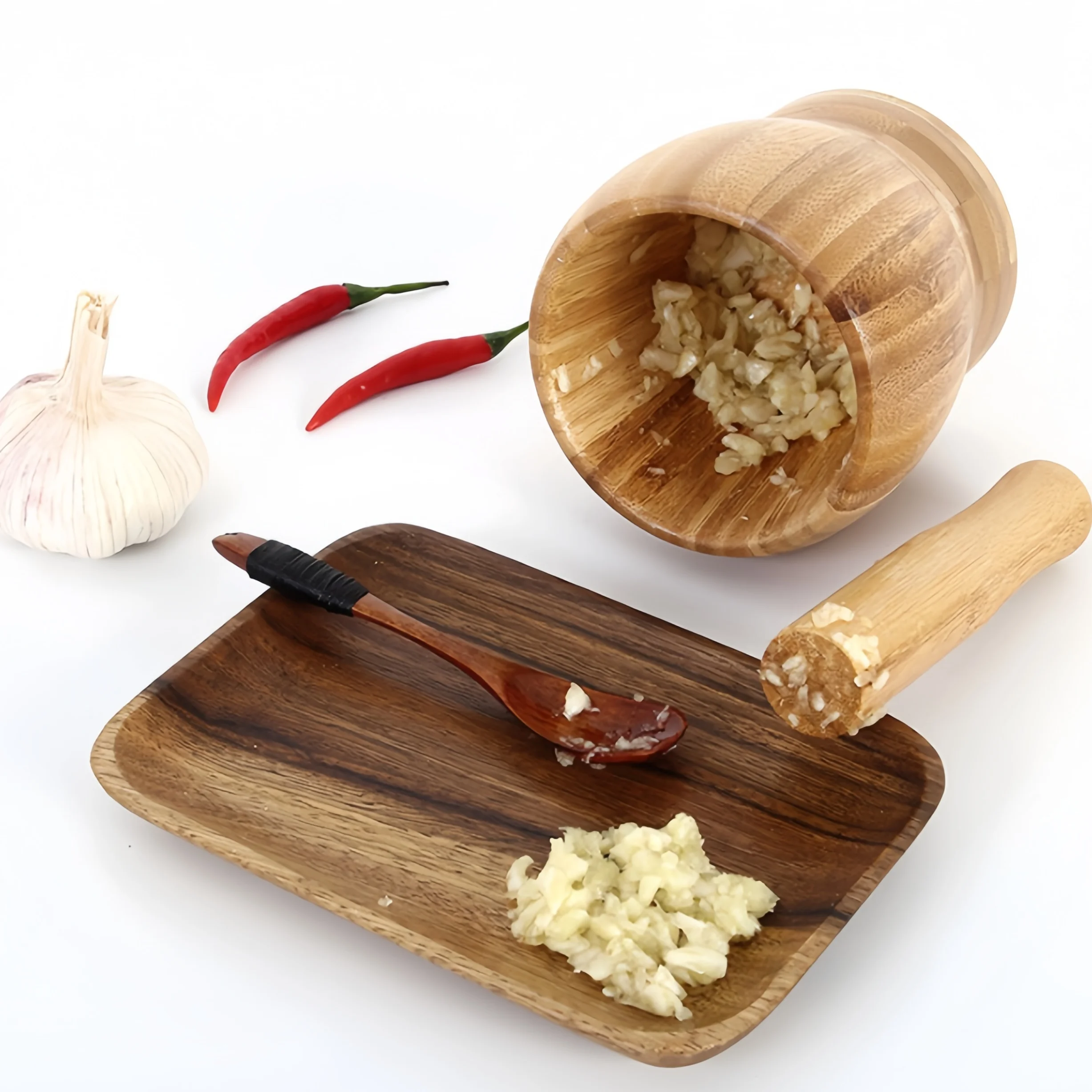 Schiaccia aglio Ciotola Pestello Set di bambù per pressa Kit da cucina misto Strumento Smerigliatrice Chopper Kit Piccola malta di legno Pepe Guacamole