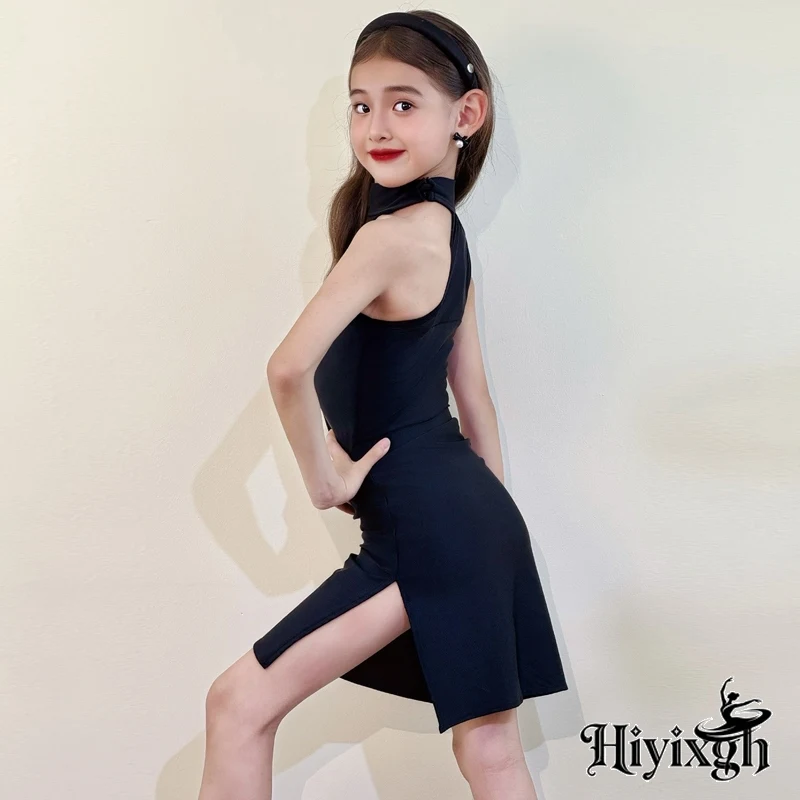 

Черный костюм для латиноамериканских танцев для девочек, костюм для выступлений по ча-ча-ча, черный леотард с асимметричным дизайном и юбкой с разрезом, летняя одежда для латиноамериканских танцев