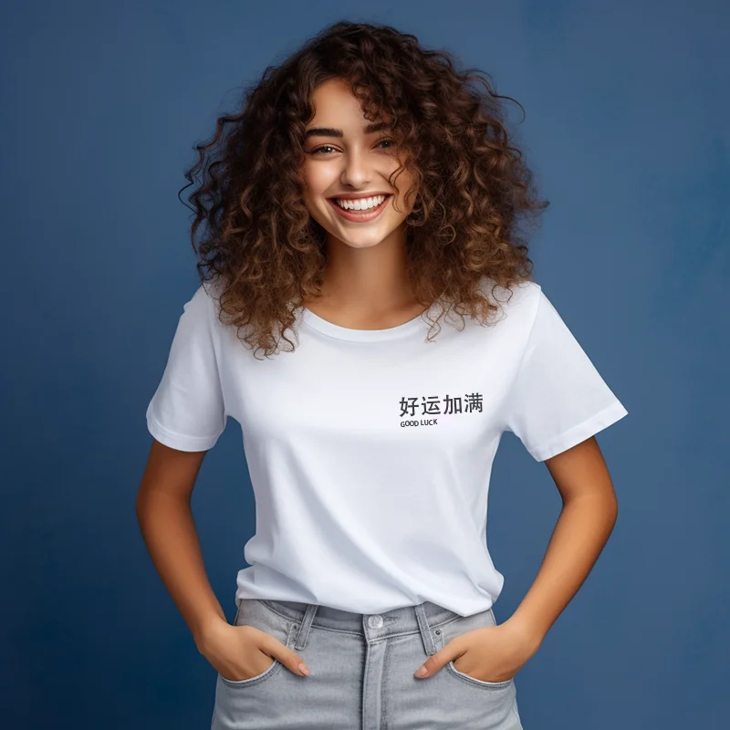 Chinese Character Good Luck Print Tshirt Women 2023 Summer Creativity Black White Tees 3XL Cozy T Shirt Streetwear Female