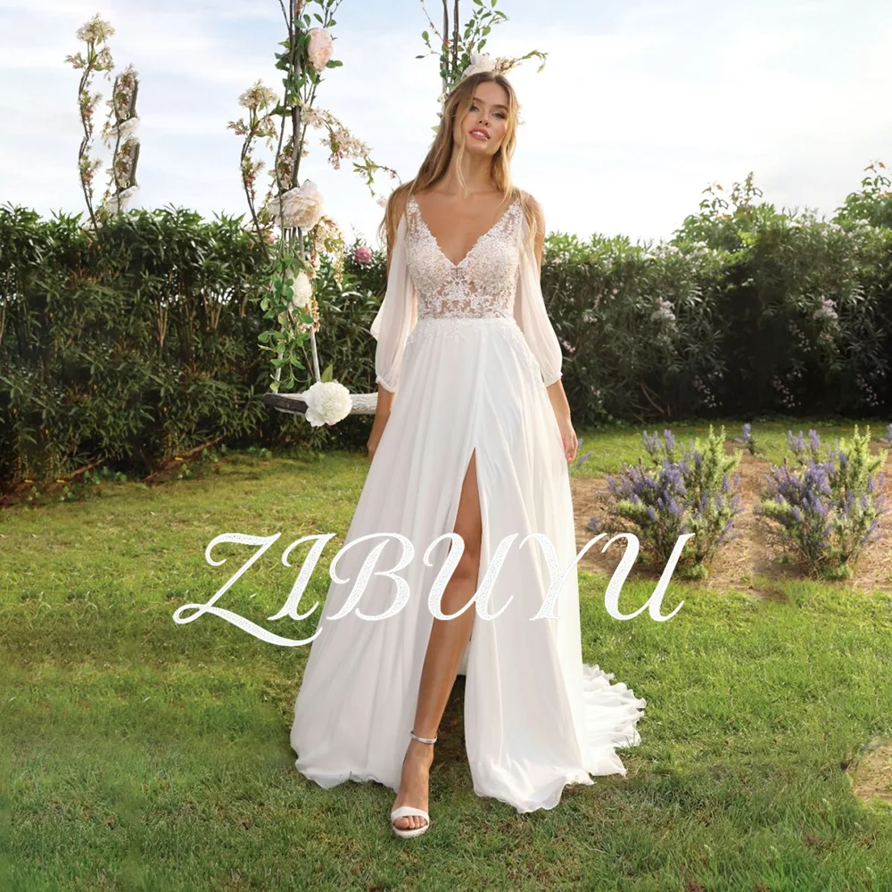 

ZIBUYU Customized Elegant Boho Wedding Dress V Neck Sheer Lace Bodice Chiffon Puff Sleeves High Side Slit Open Back Bridal Gowns