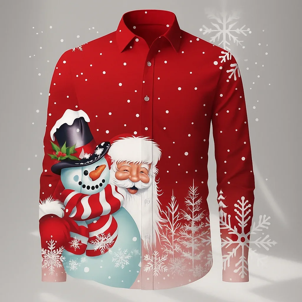 

2025 Christmas Men's Snowman Snowflake Christmas Theme Shirt Button Up Shirt Long Sleeve Funny Outdoor Holiday Turndown shirts