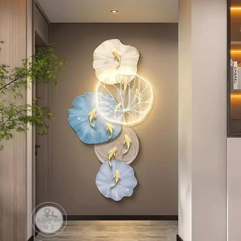 Lotus Flower Mural Abstract Decorative Ornaments Crystalline Porcelain Wall Hanging Items Art Lighted Living Room Wall Design