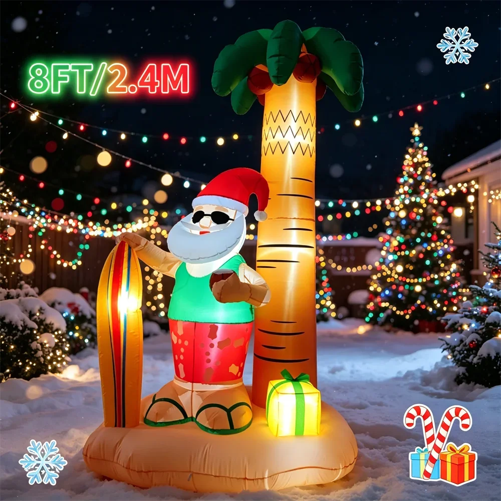 8 FT Christmas Inflatable Hawaiian Beach Santa Claus DIY Decor Giant Blow Up Ornament with  LED Holiday Backyard Outside Prop