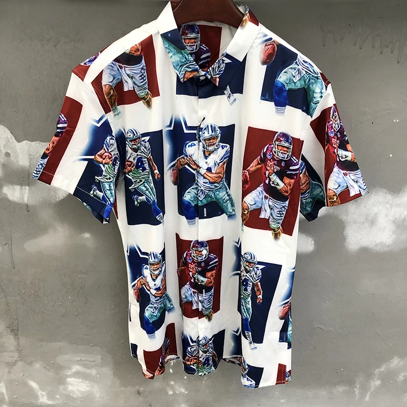 

Summer Short Sleeved Shirt For Men Portrait Art Pattern Casual Dress Shirts Quality Contrast Slim Fit Social Party Tuxedo Blouse