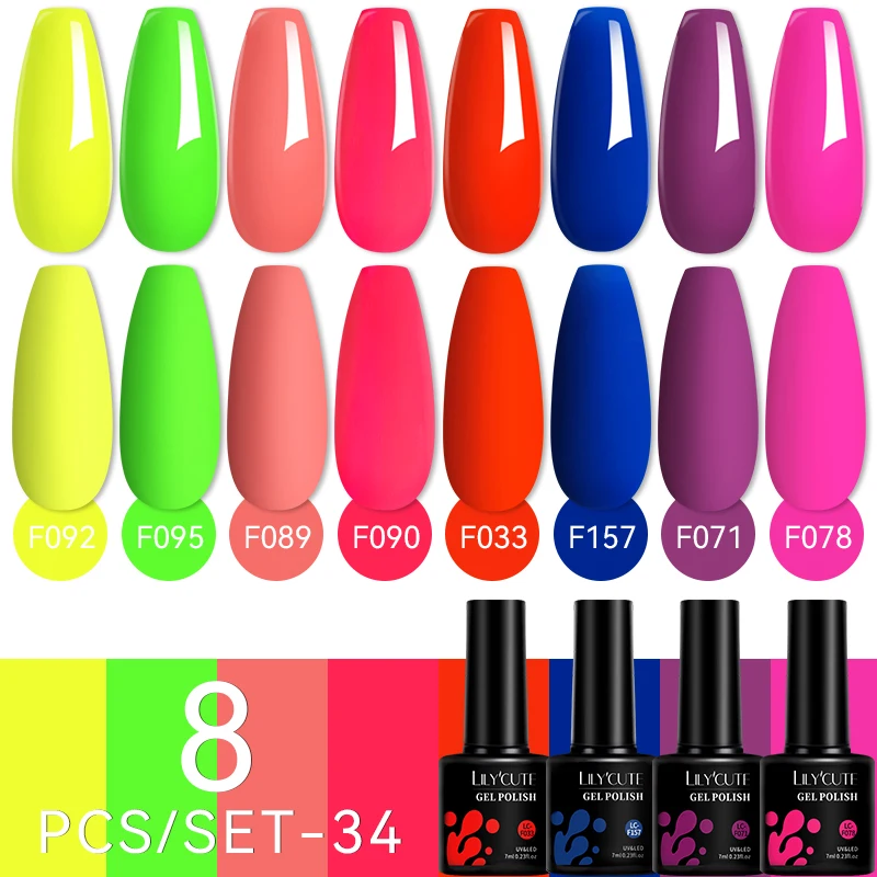 

LILYCUTE 8 шт./компл. 7 мл флуоресцентный гель-лак для ногтей великолепный цвет полное покрытие полуперманентный набор гель-лаков для дизайна ногтей