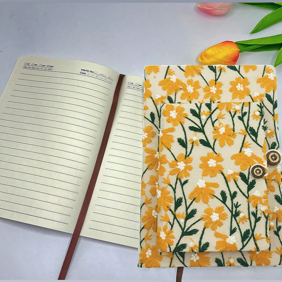 A5 A6 Fabric Embroidery Cloth Notebook with Bookmark and Buttons 100 Sheets 200 Pages Line Inner 80 GSM Paper Notepad