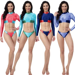 AMORESY Women's Sexy Glossy Smooth Swimsuits Swimming Beach Patchwork Bathing Suit Long Sleeve Sports Cosplay Spandex Bikini Set