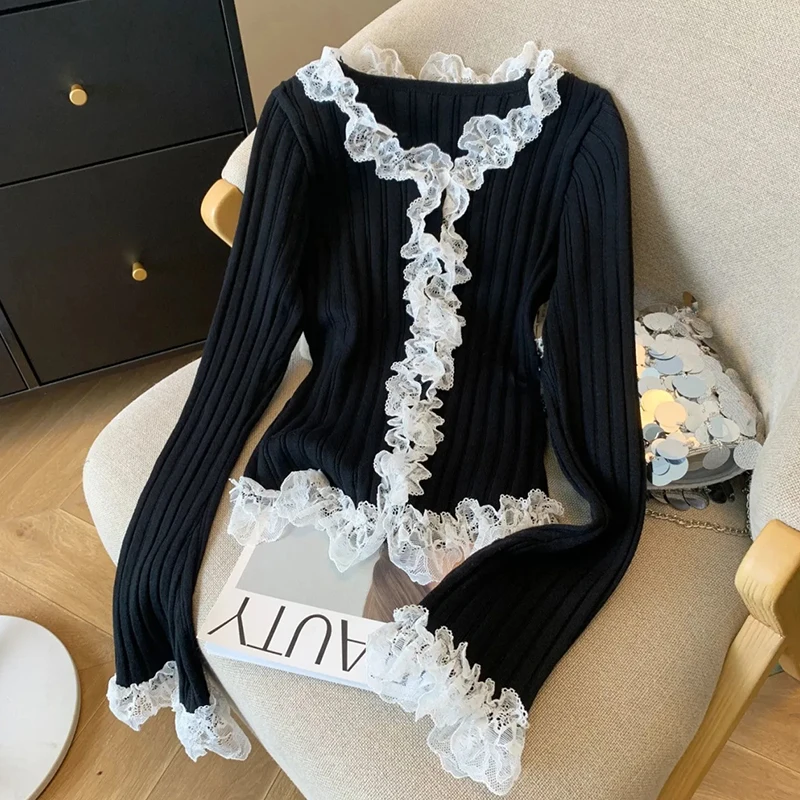 

Vintage Lace Patchwork Sweaters Women Slim Elegant V Neck Long Sleeve Knitted Jumper French Retro Casual Fall Ruffles Pullovers
