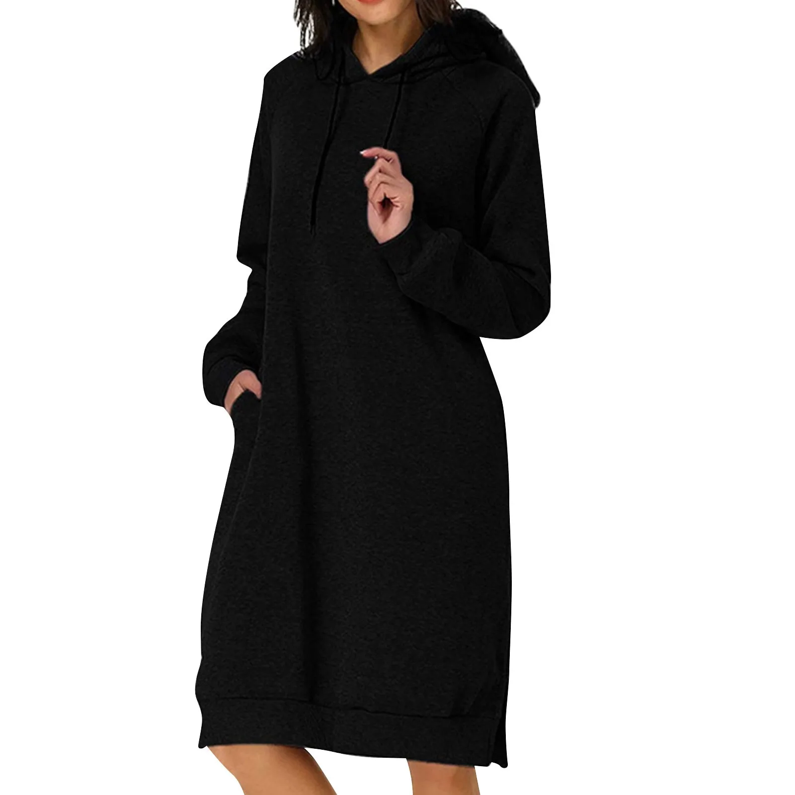 

Hooded Dress For Women Casual Solid Color Pockets Long Sleeve Drawstring Sweatshirt Dress Spring Fall Loose Straight Dress