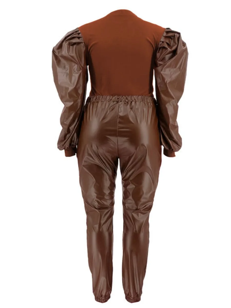 LW Plus Size Two pieces set Faux Leather Puff Sleeve Drawstring Pants Set Autumn winter long sleeve top & pants set tracksuit se