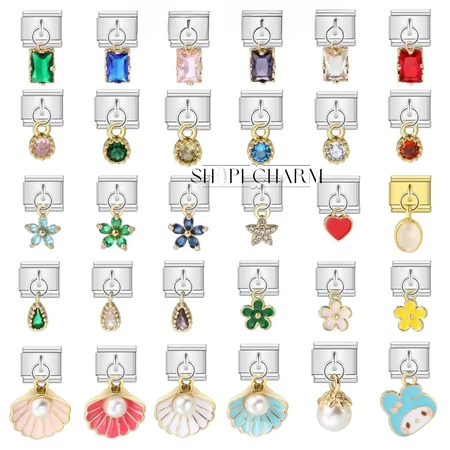 Shopi Fashion Pendant Flower Shell Pearl Italian Charm Bracelet Link Stainless Steel Jewelry DIY Making Wholesale Drop Shipping