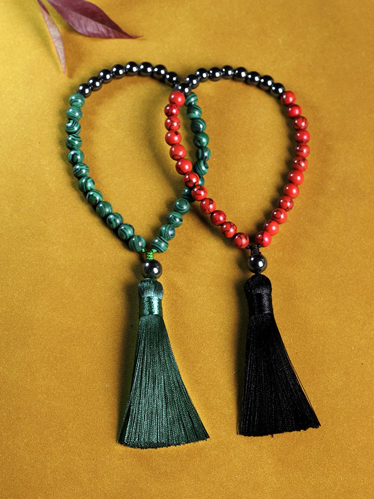 Muslim 33 beads bracelet with tassels,8mm malachite and red pine bead bracelet,rosary Prayer bracelet