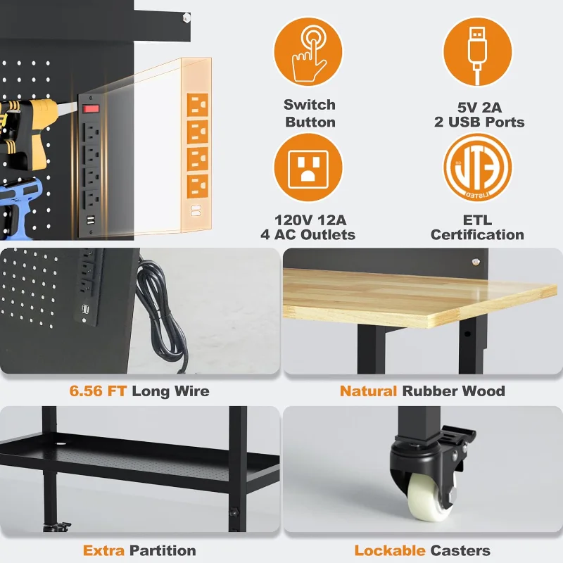 60" Heavy Duty Adjustable Workbench with Large Pegboard& Partition, Adjustable Work Table with Power Outlets & Lockable Wheels