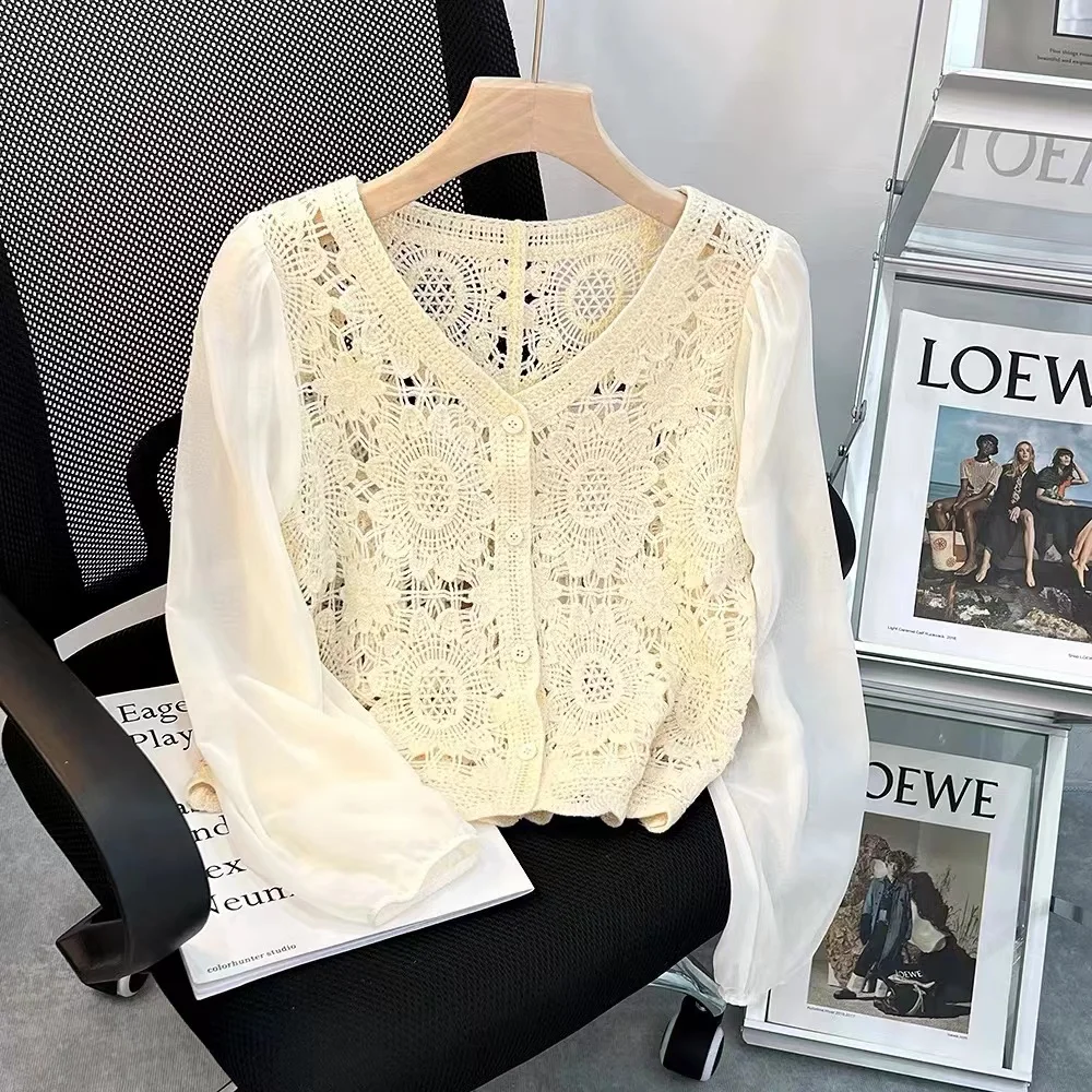 Women Tops Vintage Floral Embroidery Crochet Knit Top with Chiffon Sleeve Crop Shirts Sheer Blouses Fairycore Cottagecore Outfit