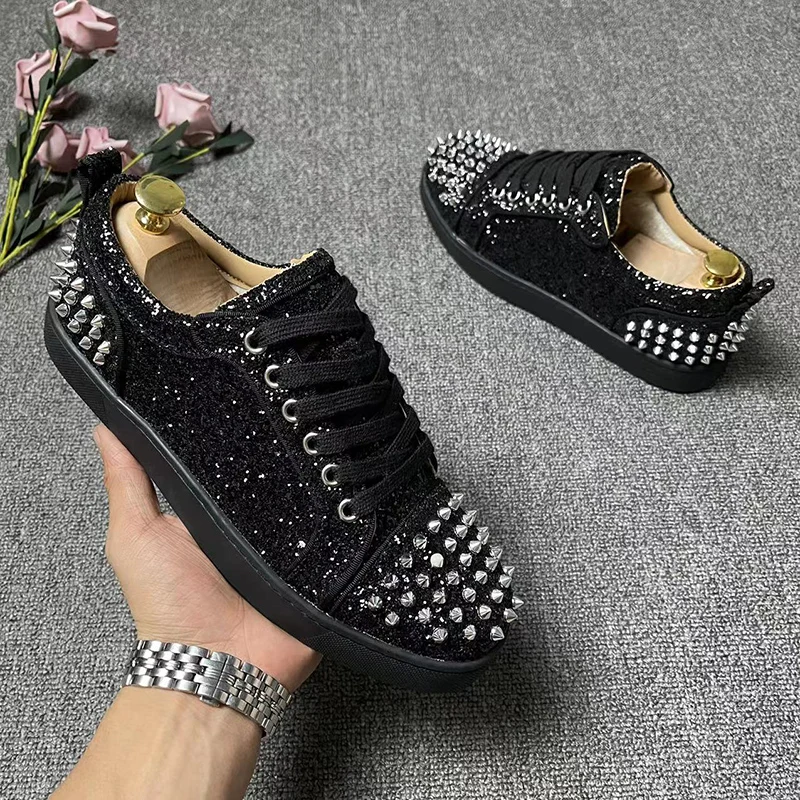 men's casual punk rock rivets shoes black silver spikes studded shoe soft leather flats sneakers brand designer stylish footwear