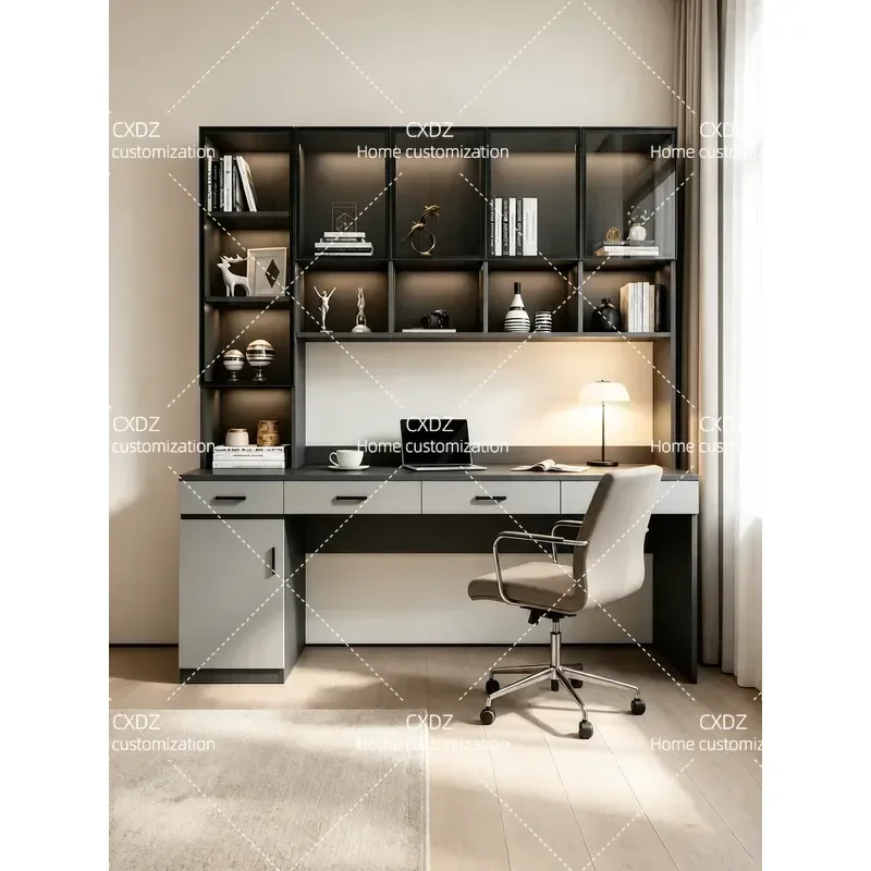 Solid Wood Computer Desk with Bookshelf and Cabinet Double Student Writing Table Integrated Study Desk for Home Office Light