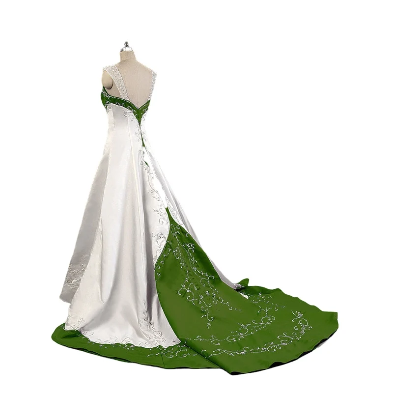 Robe de Mariée Rétro Blanche et Vert Chasseur, avec Perles, Broderie de Taches, Style Cuptrain, Grande Taille