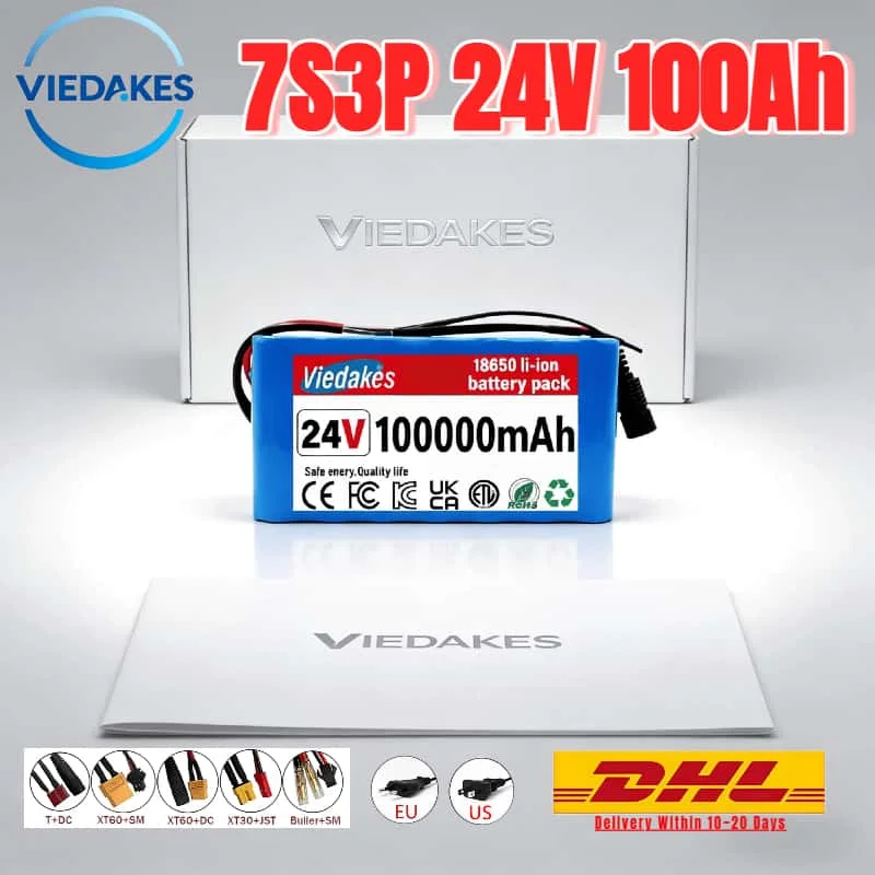 

Высокоёмкий аккумуляторный блок 7S3P из литий-ионных элементов 18650, быстрая зарядка, 24В100Ач, источник питания для электрического садового культиватора и газонокосилки