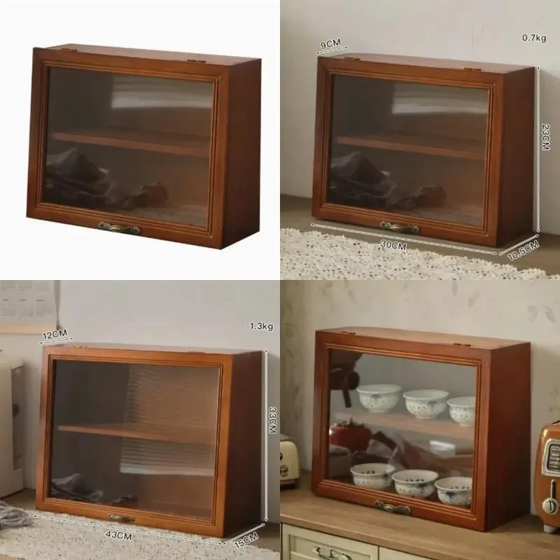 Retro Solid Wood Rectangle Blind Box Display Rack with Flip Glass Door Dustproof Two Layer Cosmetic Storage Shelf Organizer