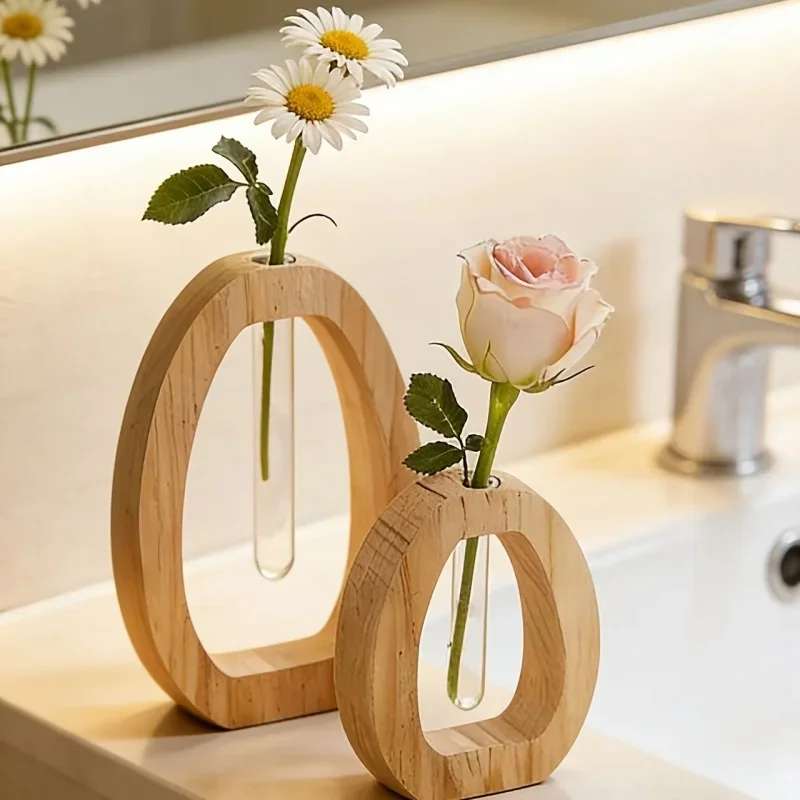 2PCS Creative Glass Tube Hydroponic Vase With Wooden Base Decorative Plant Container For Home Living Room Office Workspace Decor