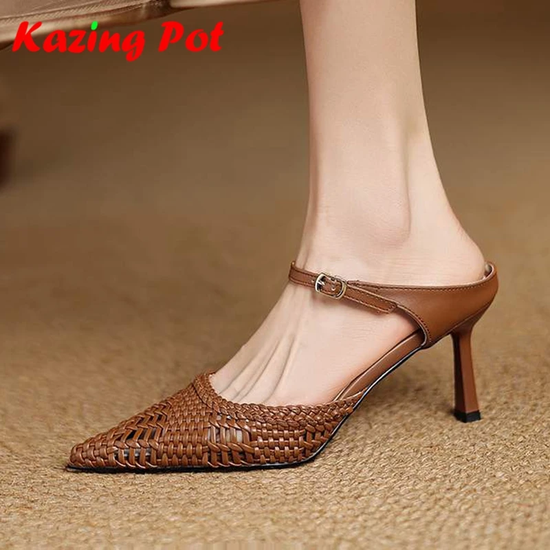 Krazing Pot New Natural Skin Shallow Mules Weaving Style Summer Shoes Sweet Pointed Toe Stiletto Heels Fashion Brand Women Pumps