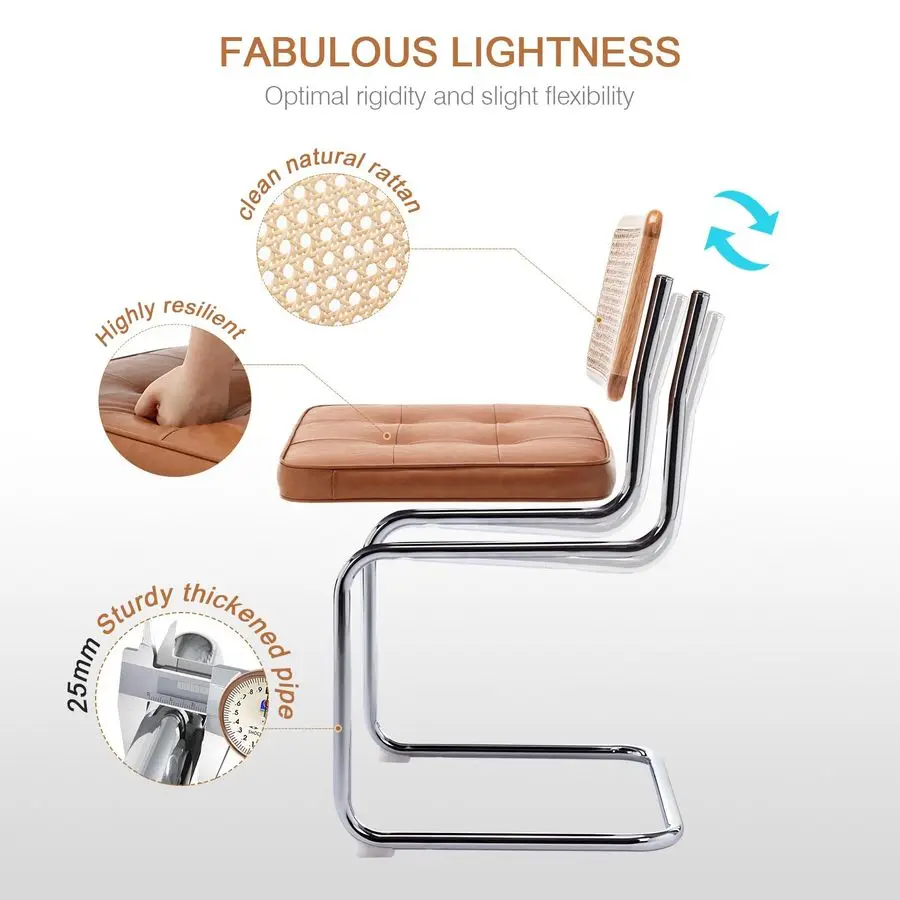 Natuurlijke rotan eetkamerstoelen set van 2, moderne eetkamerstoelen met massief houten rugleuning voor keukenwoonkamer, Mid Century Breue