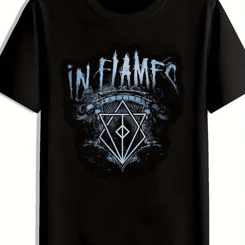 

Vintage Rock Band Print T-Shirt - IN FLAMES & D20 Pattern Black Short Sleeve Crew Neck Top Men Women Summer Casual Sports Top