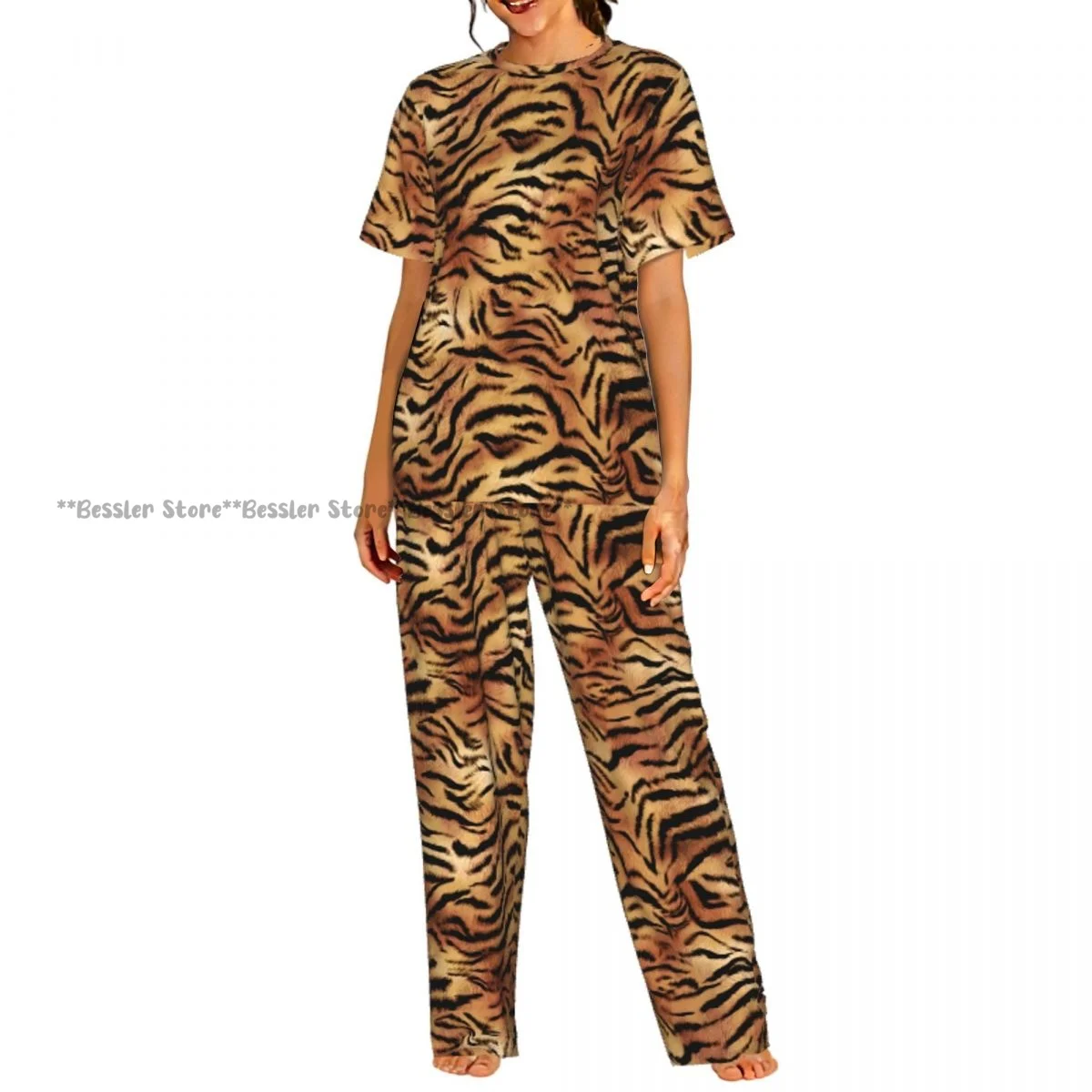 Conjunto de Pijama para Mujer, Diseño de Piel de Tigre, Manga Corta, 2 Piezas, Ropa de Dormir, Ropa de Casa