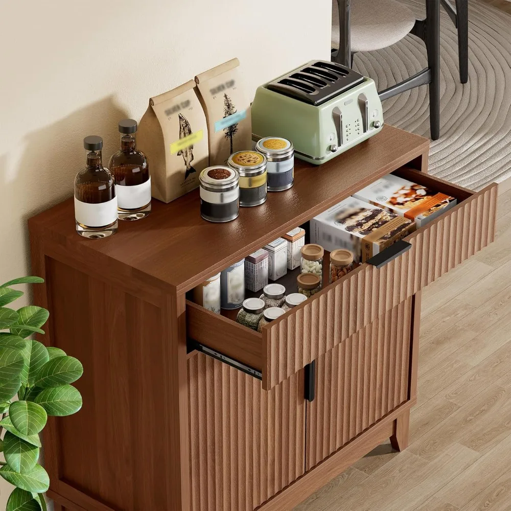 

Modern Sideboard, Coffee Bar Table, with Drawers, Recessed Doors and Adjustable Shelves, Wooden Sideboard