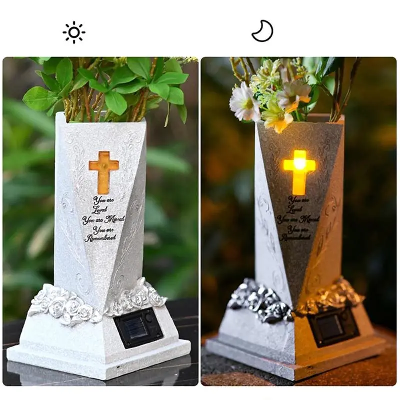 【RECOMMEND】Solar LED Grave Flower Vase Hand Painted Statue Decorative Flower Pot For Garden Lawn Cemetery