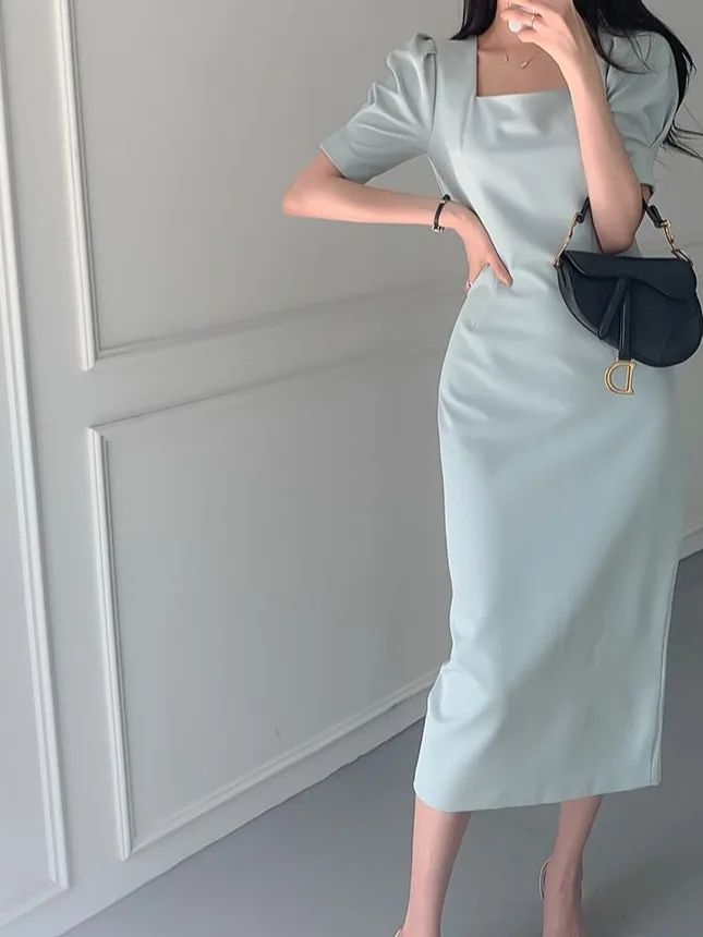 Ele coréen Sle femmes Dr col carré moulante bulle Sve jupe longue taille haute minceur été Dr