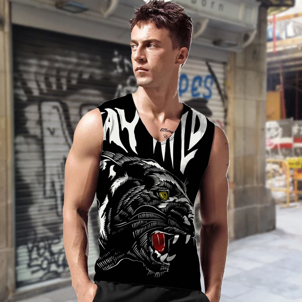 Men's Tank Top Sleeveless V Neck Design 3D Stereo Animal Printed Sports Running Sleeveless Tank Top Sleeveless Fitness T Shirt