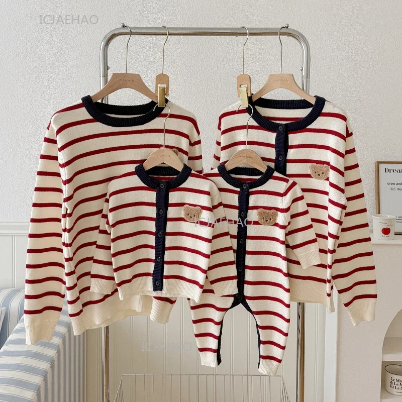 

Family Matching Sweater Warm Clothing Kids Bear Striped Cardigan Knit Open Front Mom Dad Baby Boy Girls Children Autumn Winter
