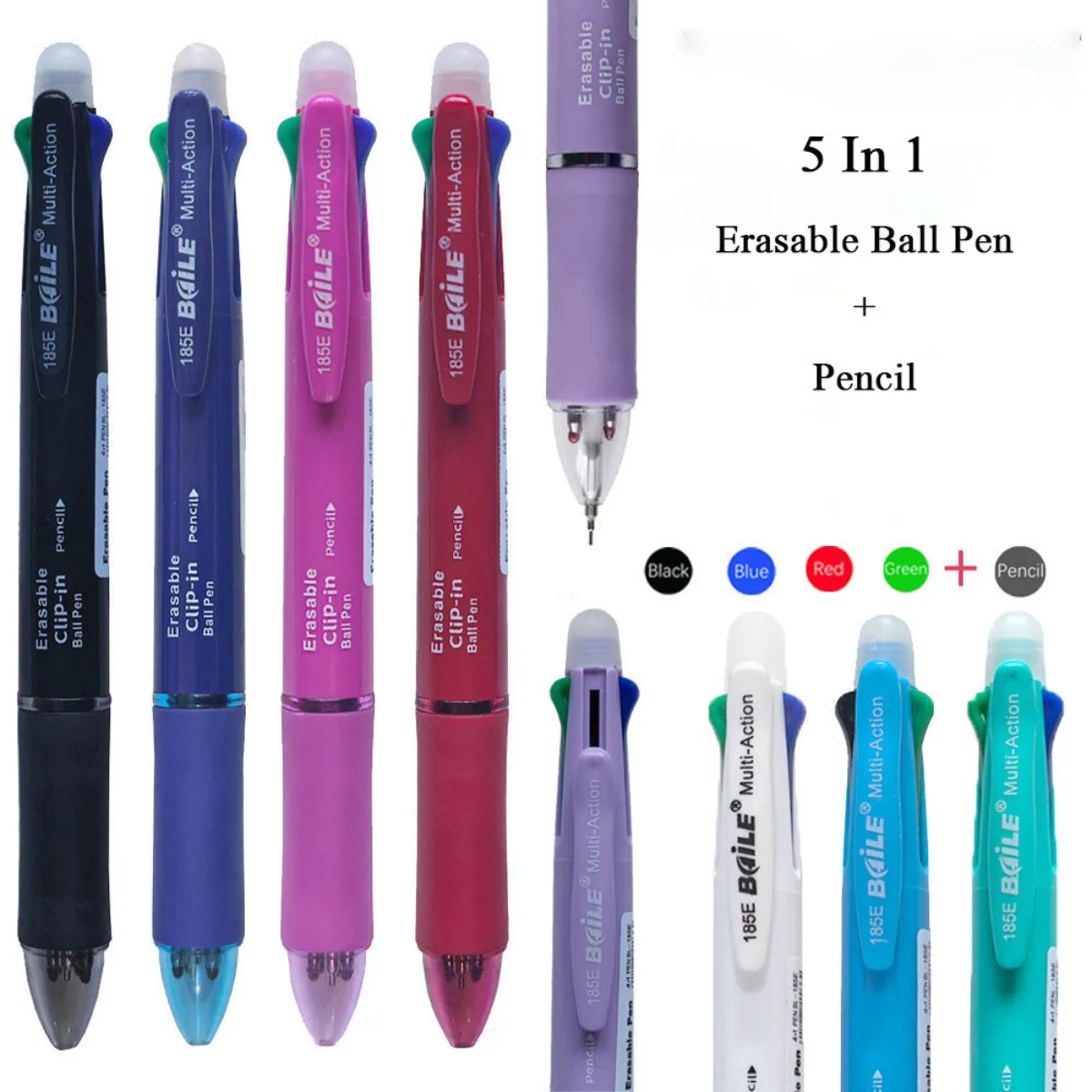 قلم متعدد الوظائف قابل للمسح 5 في 1 - جل 0.7 مم + قلم رصاص 0.5 مم، 4 ألوان قابلة لإعادة الملء لقرطاسية الكتابة المدرسية والمكتبية #3