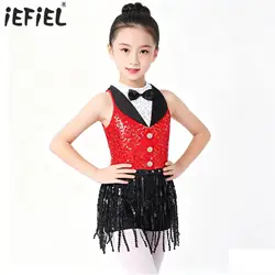 Paillettes moderno Hip Hop Jazz Dance Performance Costume bambini ragazze senza maniche Boyshorts vestito paillettes nappa vestito da ballo latino