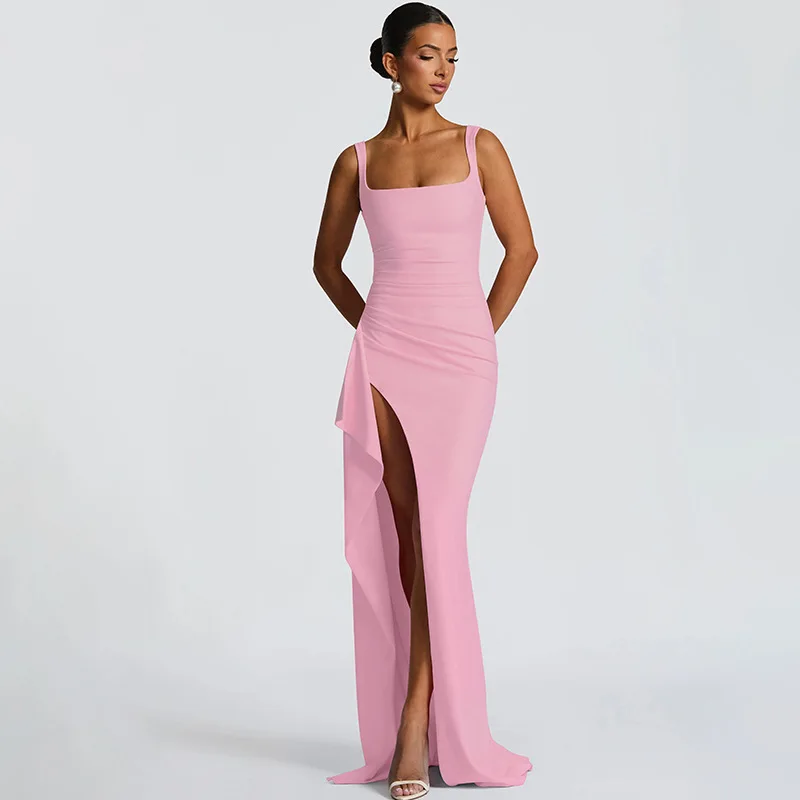 Damen Bodycon Abendkleid, Spaghetti-Träger Quadratischer Ausschnitt Schlitz Midi-Kleid Sexy Formelles Ballkleid Partykleider – Detail 11