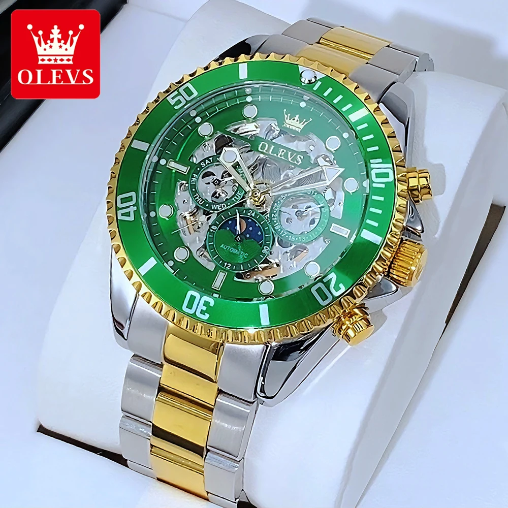 

OLEVS мужские часы, роскошные модные оригинальные автоматические механические наручные часы с полым циферблатом для мужчин, светящийся календарь фаз Луны