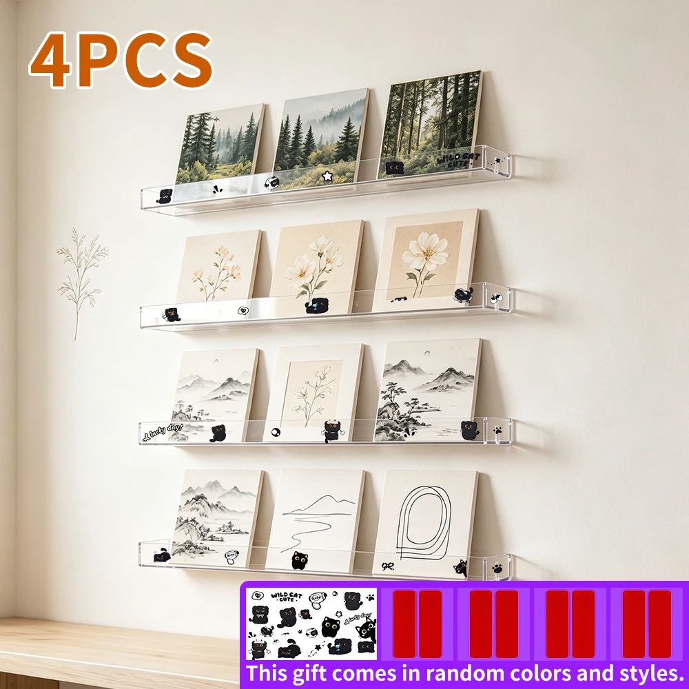 Black Cat Acrylic Floating Shelf, 4‑Layer Wall Display Cabinet, For Figures, CDs, Photos, Toys, Bedroom & Living Room Decor