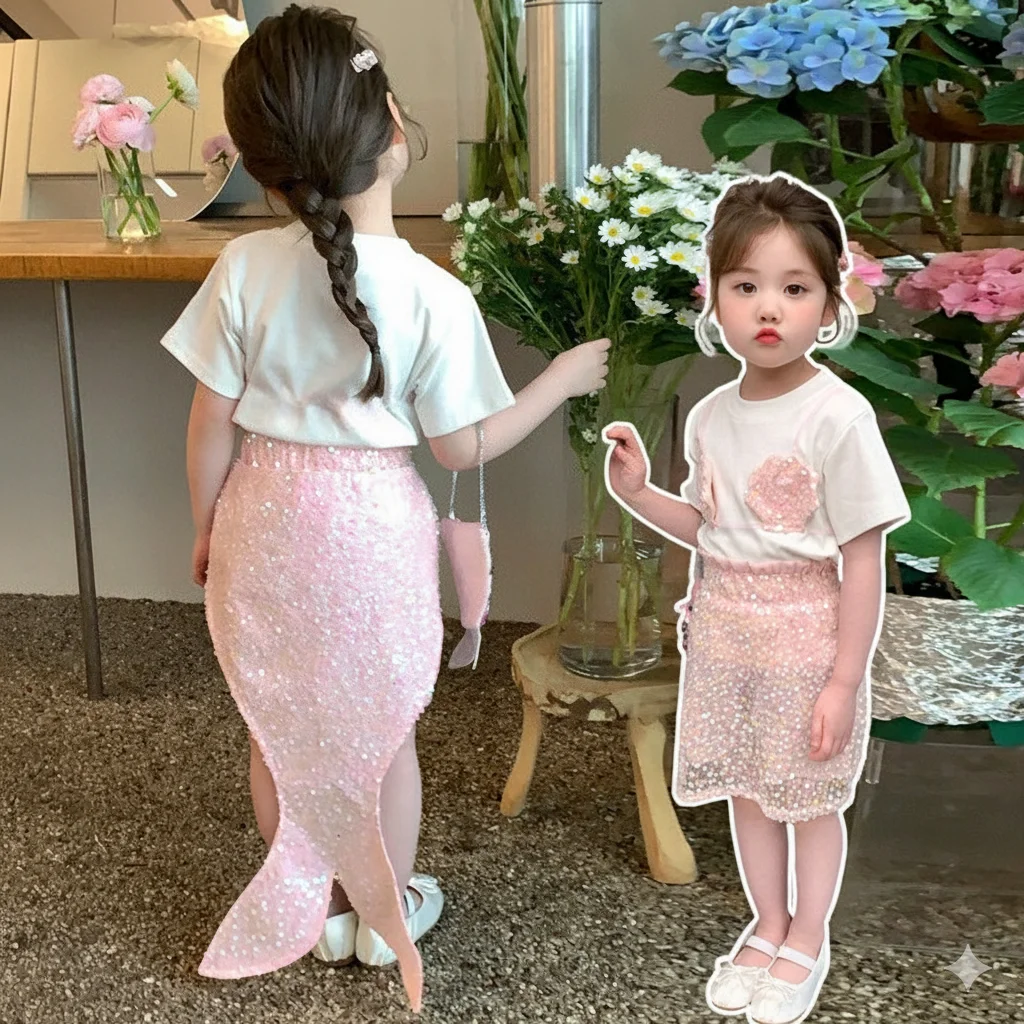 Summer Girl Mermaid Outfit Clothes Set Seashell T Shirt & Sequined Skirt Detachable Tail Pool Party Sparkly Suit Beach Vacation