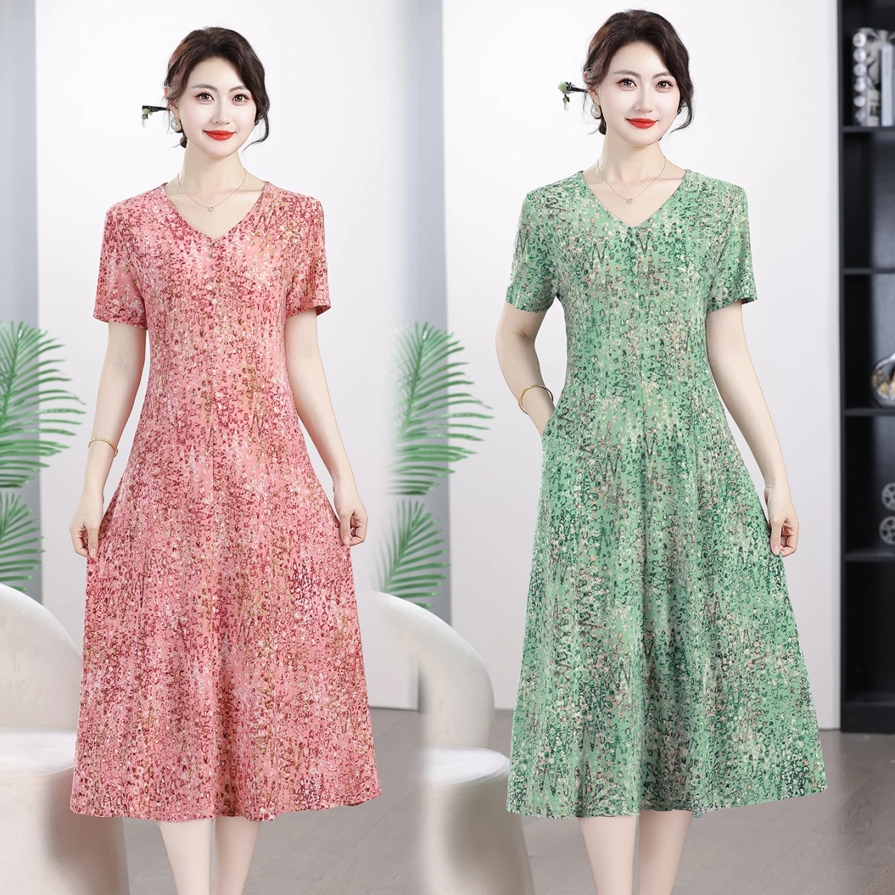 Vestido midi con estampado floral estilo mamá para mujer, vestido adelgazante de manga corta con cuello en V