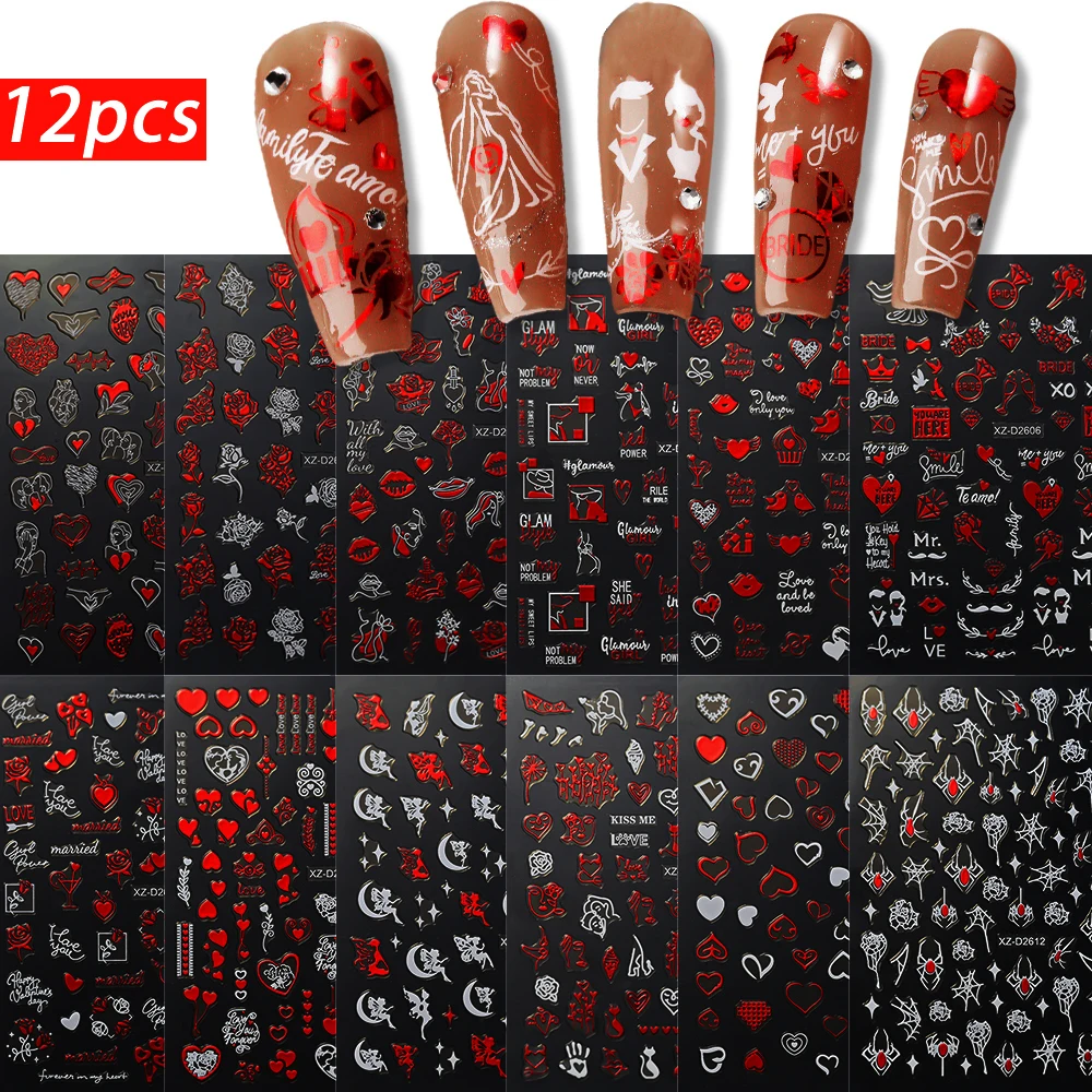 12Pcs Valentine's Day Red-Love Nail Stickers 3D Love Heart/Rose Flowers Nail Decal 8X10cm Self-Adhesived Red Heart Nail Slider