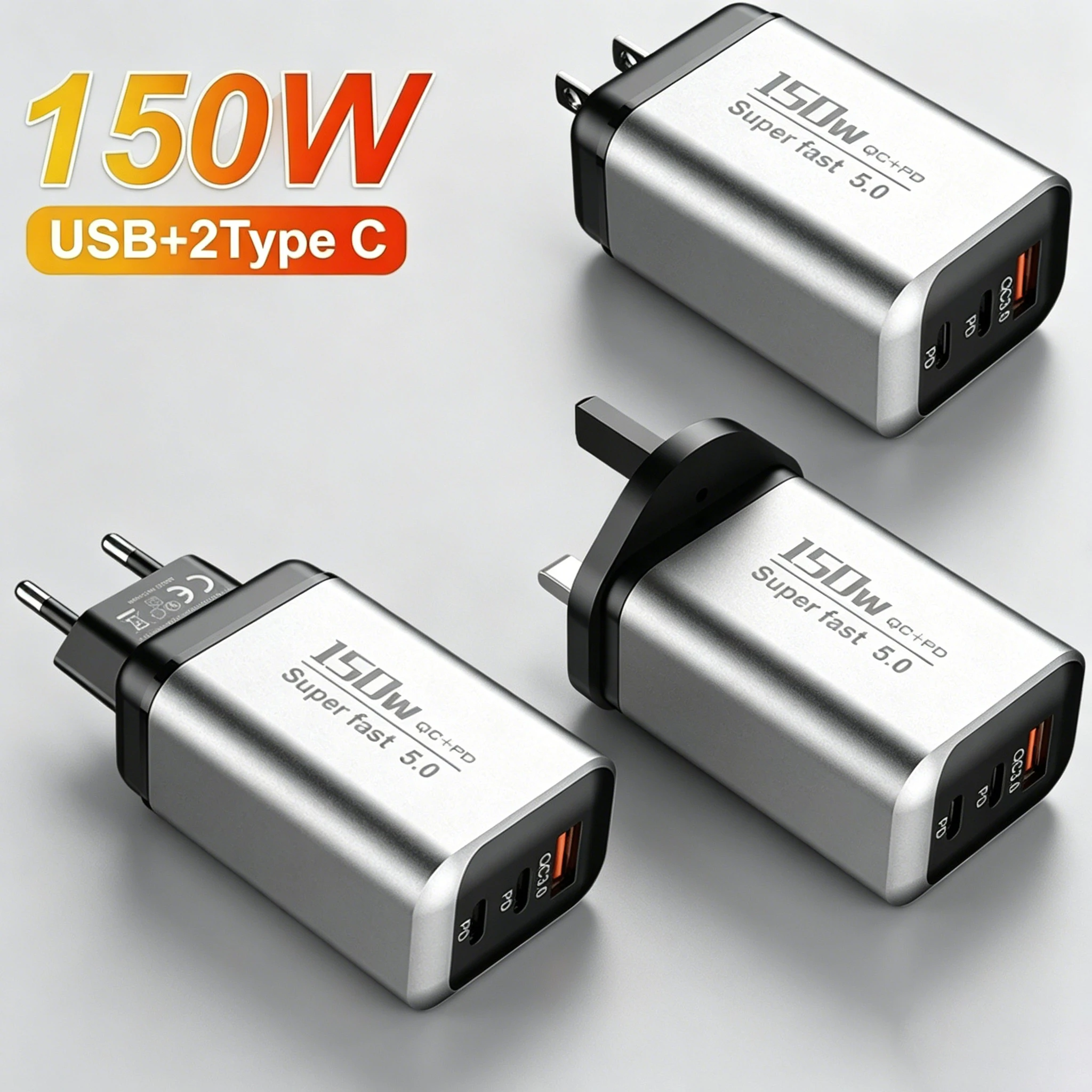 

150W USB Type C Charger USB QC3.0 Fast Charging Mobile Phone Charger Travel Adapter For iPhone 17 Samsung Xiaomi EU/UK/US Plug