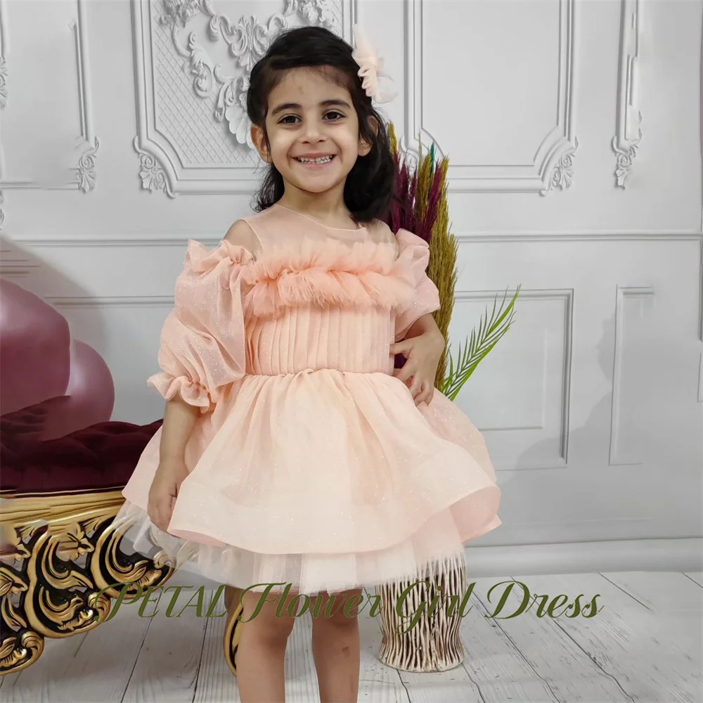 

Petal Blush Peach Princess Girls Dress Round Neck First Communion Gown Off The Shoulder A Line Children Birthday Wedding Dresses