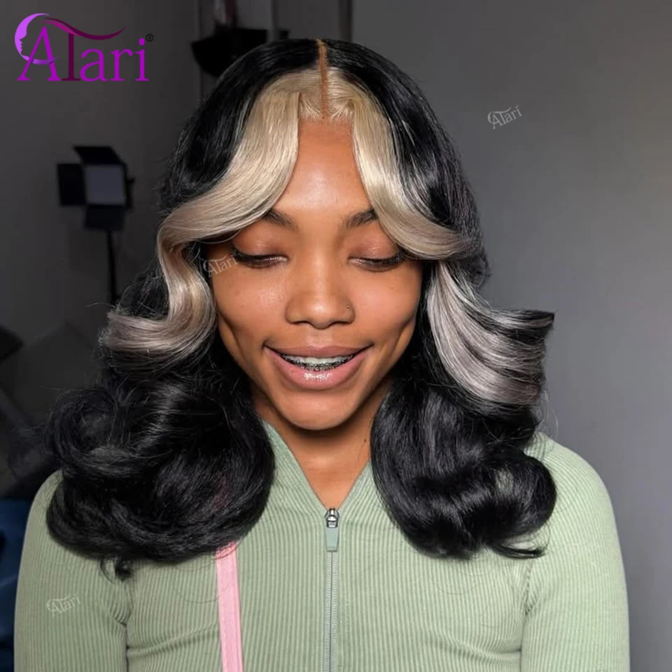 

Blonde Stripe 13X4 Full Lace Frontal Bob Wave Wig Pre Plucked Ash Gray with Black Short Bob Wig Transparent Lace Brazilian Hair