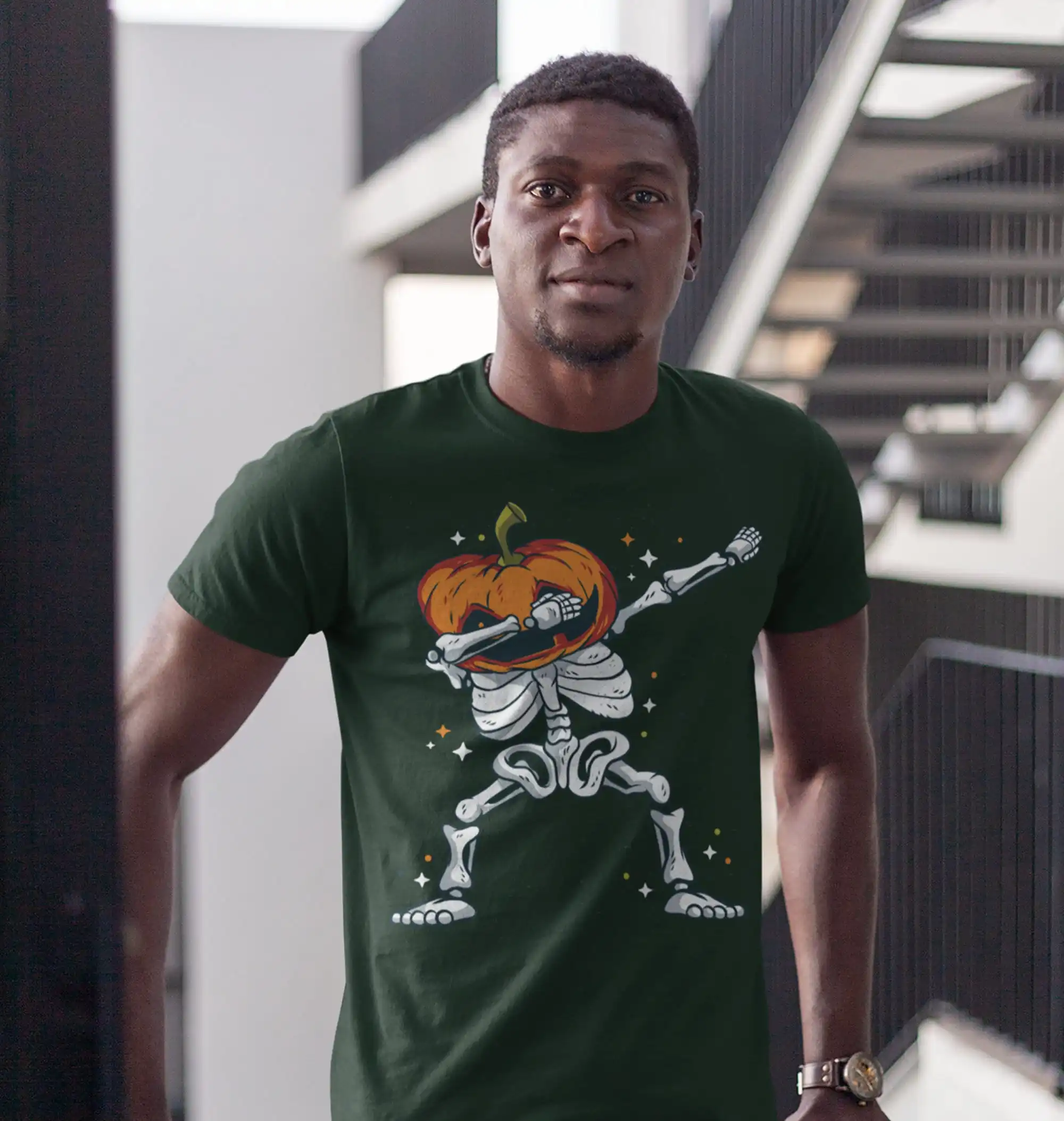 Men's Funny Halloween T Shirt Dabbing Pumpkin Skeleton